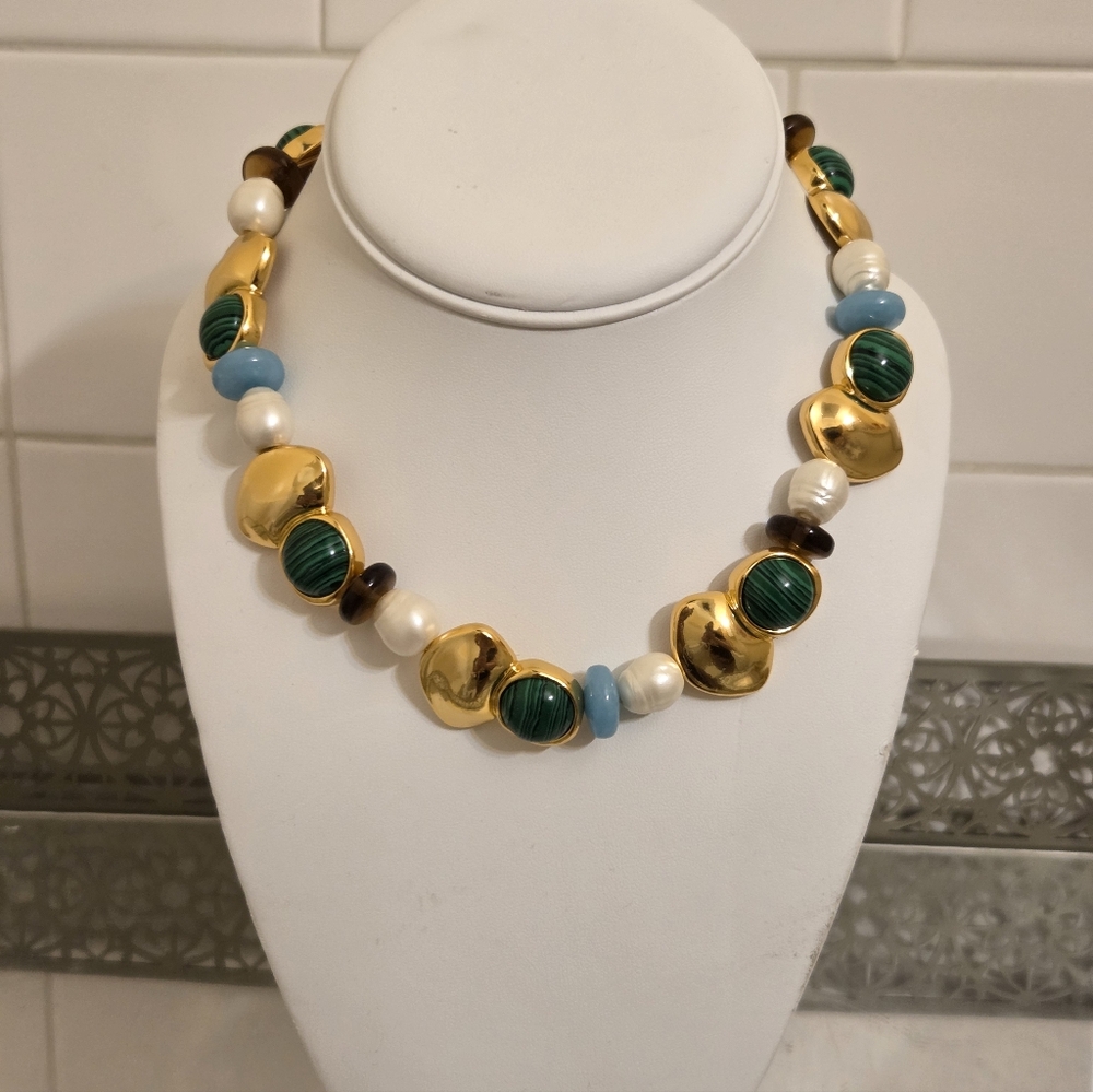 JCrew Gold-Tone Green Malachite & Pearl Bead Statement Necklace